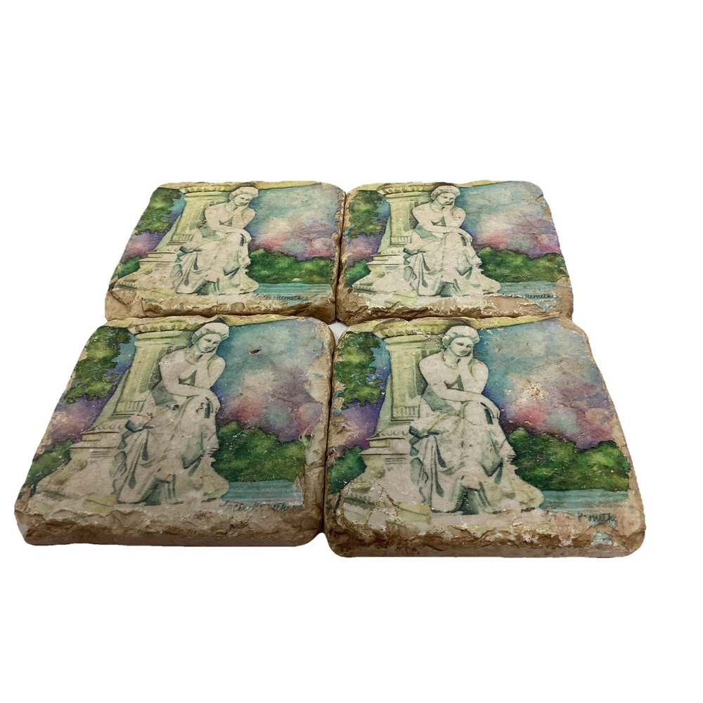 Greek Woman Statue Slate Stone Coasters - Set of Four Artist Signed Cork Backed